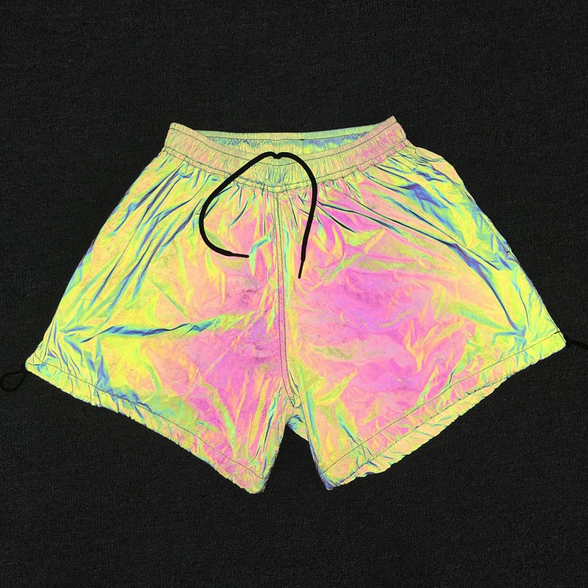 Shinbene Regenboog Reflecterende Oefening Sport Shorts Vrouwen Koord Fitness Shorts Elastische Tailleband Veiligheid Shorts Met Zakken