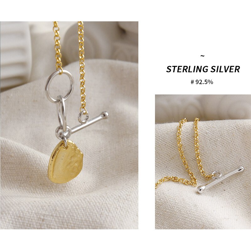 Asinlove Real 925 Sterling Zilveren Ketting Onregelmatige Concave-Convexe Gehamerd 18K Gouden Hanger Ketting Persoonlijkheid Vrouwen Sieraden