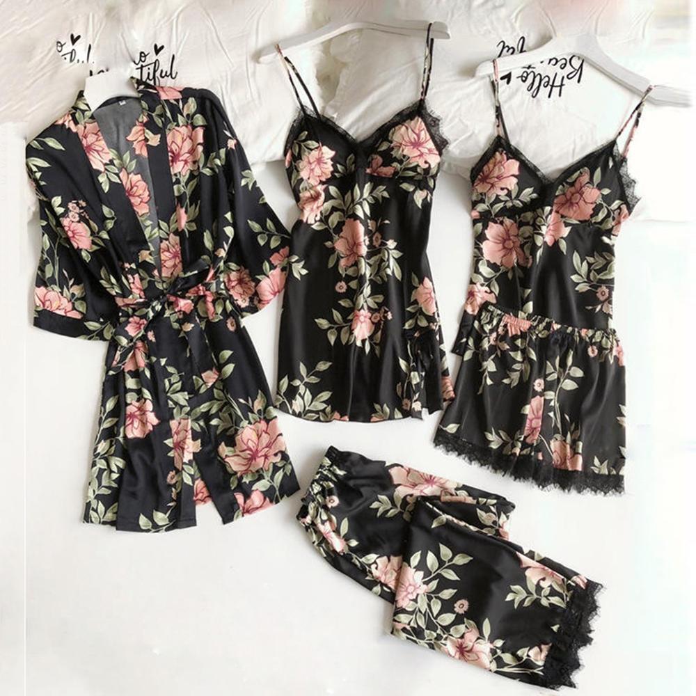 5pc sexede blonder kvinder pyjana natkjole satin morgenkåbe badekåbe bukser shorts lingeri sæt pyjamas plus size nattøj s -3xl