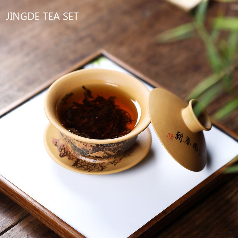 Chinese Yixing Paarse Klei Gaiwan Ruwe Erts Sectie Modder Handgeschilderd Thee Kommen Traditie Waterkoker Thee Set Huishoudelijke Drinkware