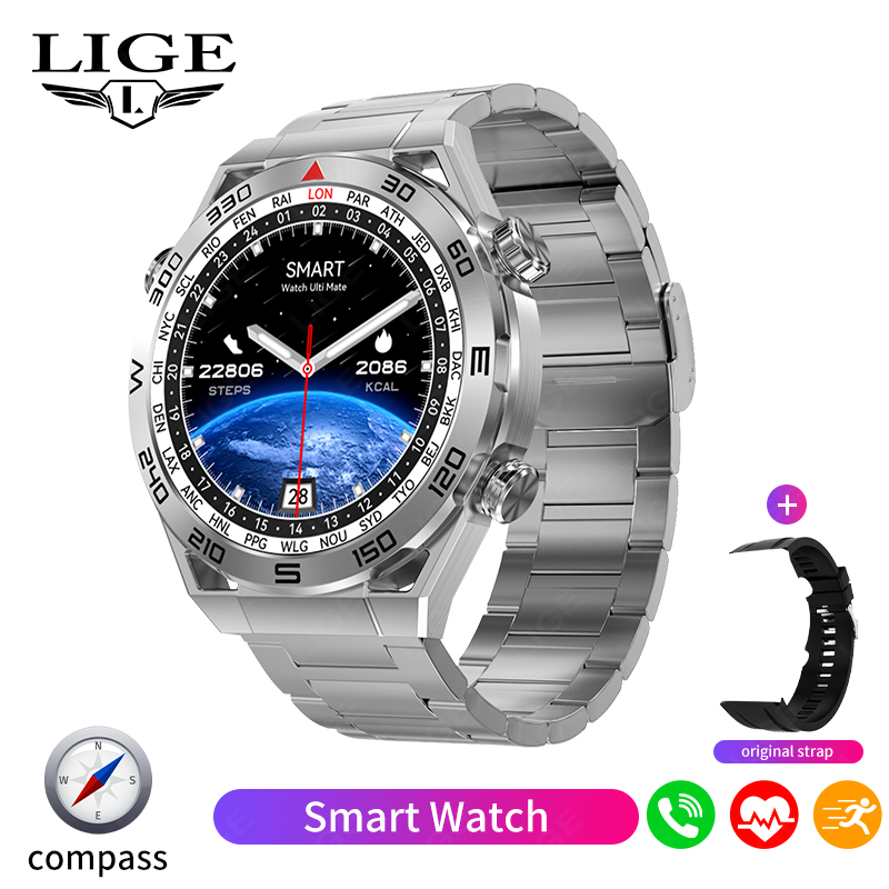 LIGE Nowy sprytny zegarek mężczyźni GPS Bluetooth połączenie sport tryby naganiacz zwierza kompas muzyka niestandardowa bransoletka tarcza biznesowa Smartwatch mężczyźni + skrzynka: Różowy