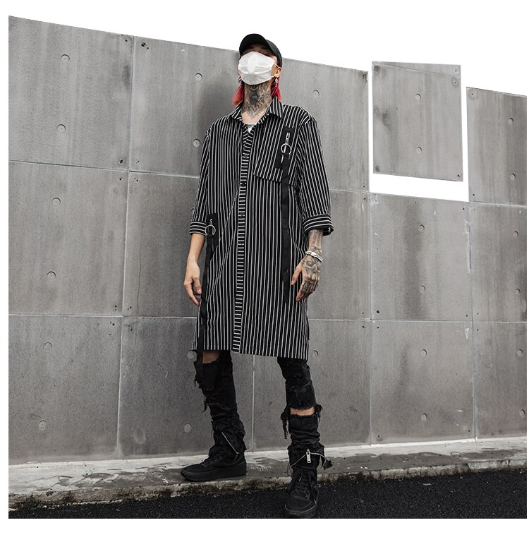 Hip hop Men Extra long Striped shirt long sleeve Black and white Spring Summer