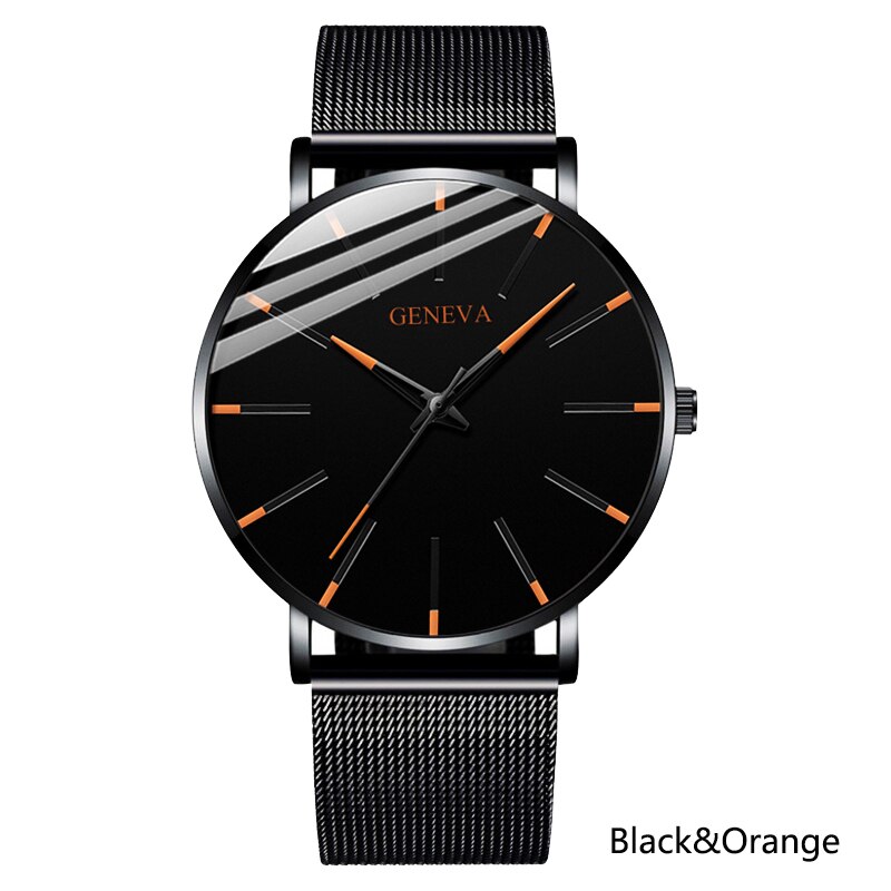 Heren ultradunne horloges minimalistische eenvoudige heren zakelijke roestvrijstalen mesh band quartz horloge relogio masculino: Zwart oranje