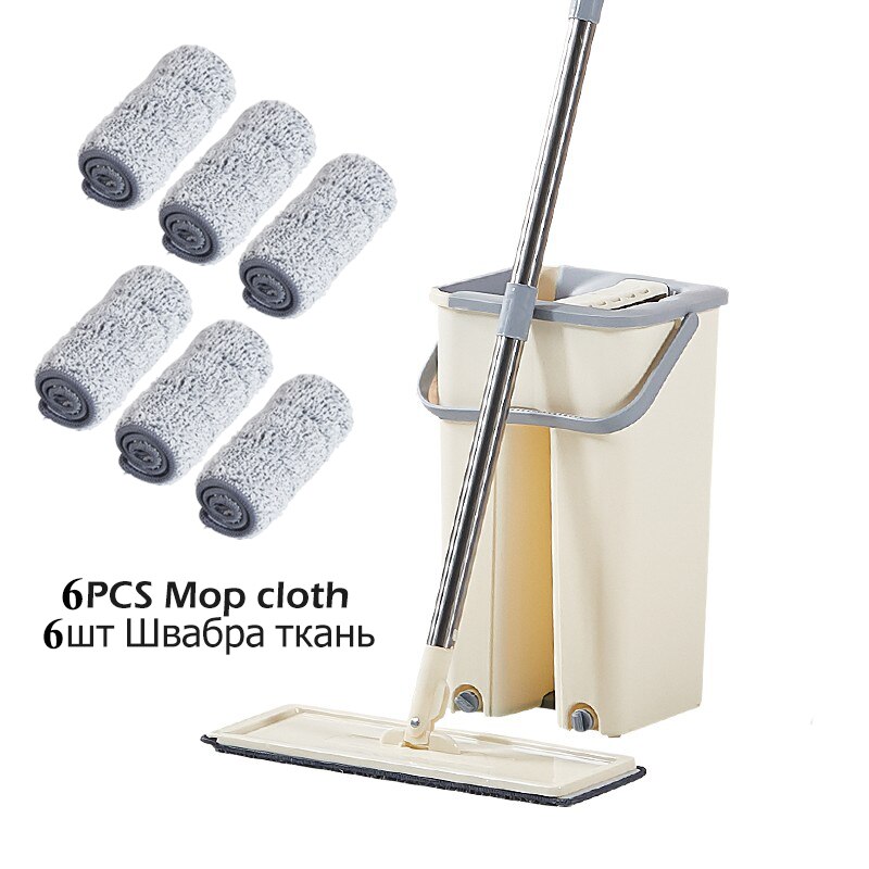 Flat Squeeze Mop and Bucket Hand Free Wringing Floor Cleaning Mop Microfiber Mop Pads Wet or Dry Usage on Hardwood Laminate Tile: Mop bucket 6 pad