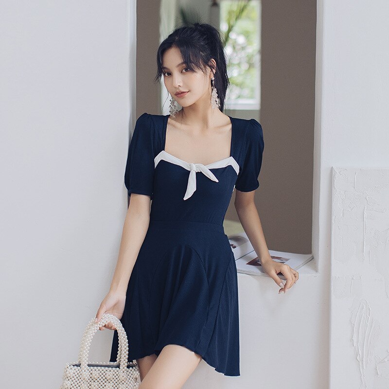 Swimsuit Tankini Surf Suit Long Sleeve Women Fused Female Ins Korean Japanese Girl Short With Skirt Rash Guard Solid: M