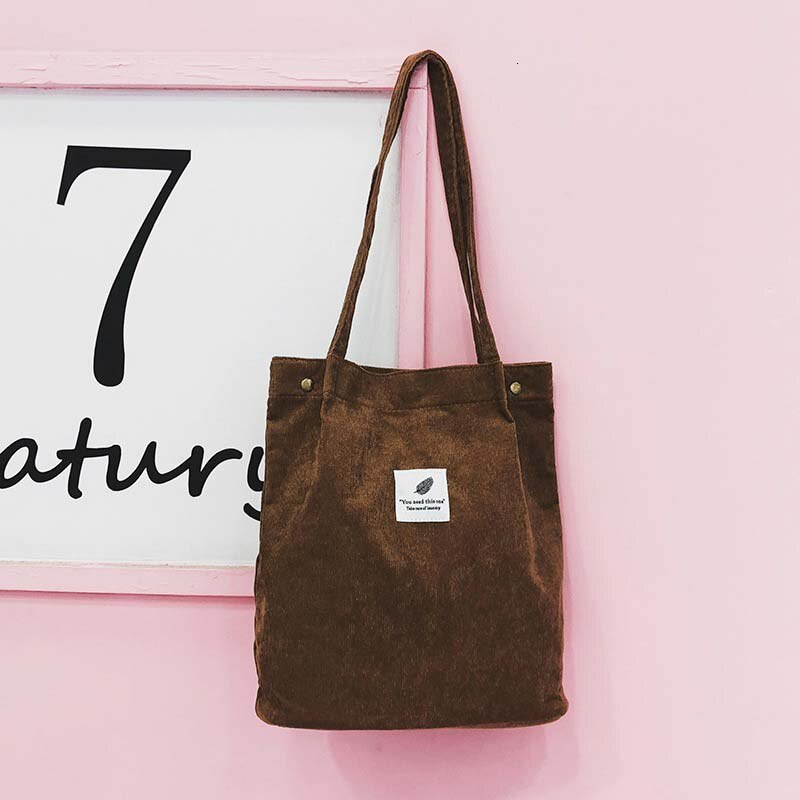 Herald femmes velours côtelé sac à provisions solide toile femme sac à bandoulière environnement stockage sac à main réutilisable fourre-tout sacs: Marron