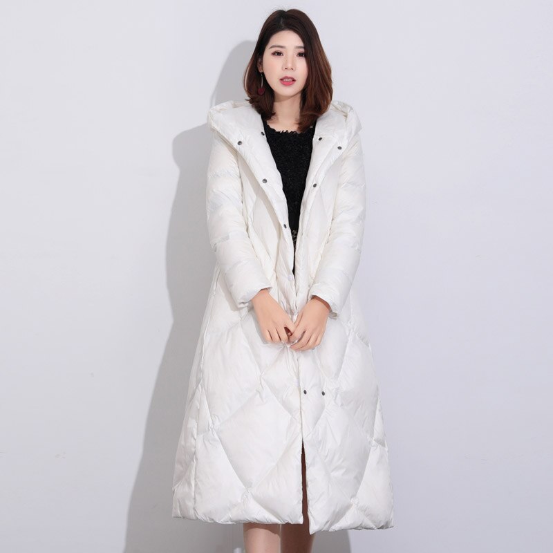Neue Lange Weiße Ente Unten Jacke Mit Kapuze Weibliche Ultral Licht lässig Weiche Warme Mantel Winddicht Größehe Größe Gute quanlity: Weiß / M
