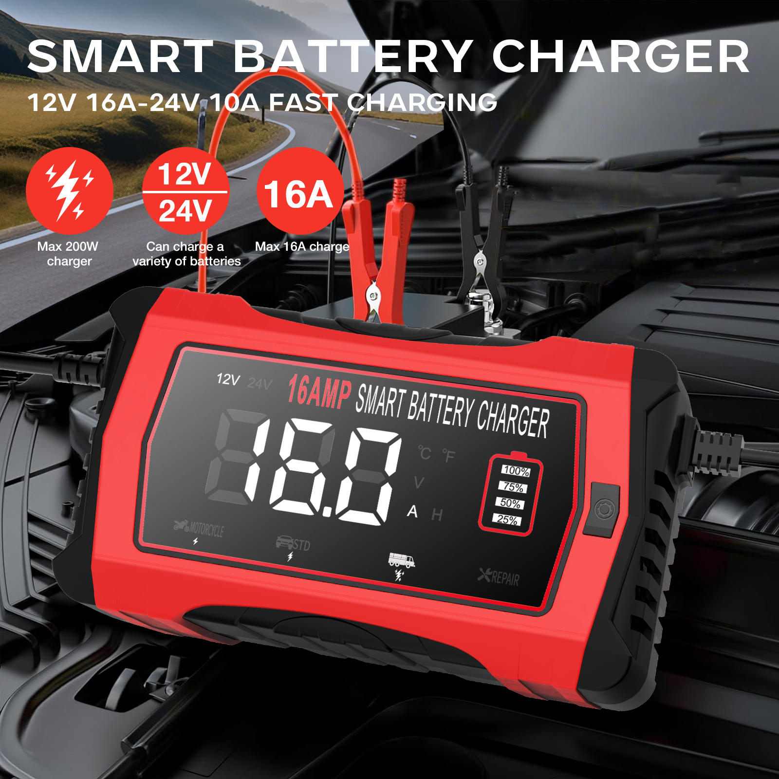 Caricabatteria per auto di riparazione universale 12V 16A 24V/10A Caricatore per moto di riparazione intelligente per batteria al piombo AGM gel LiFePO4