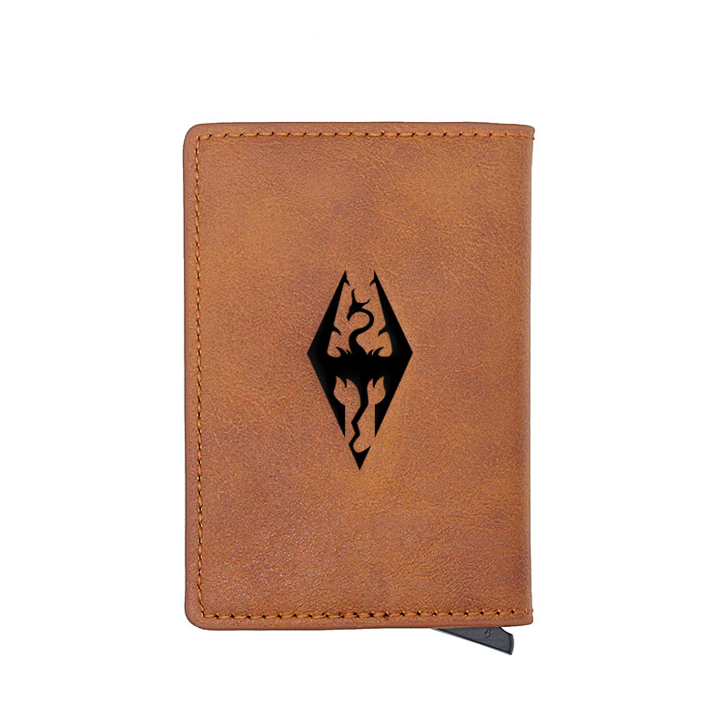 Classic Skyrim Symbol Credit Card Holder Wallet Men Women PU Leather Slim Small Short Purse: BA917-Brown