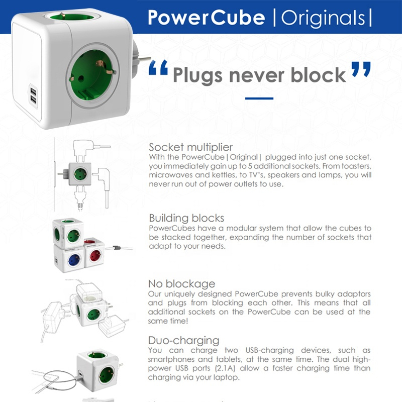 Multiprise européenne EU Powercube, 3680W, prises multiples, prises secteur, filtre réseau, USB 4, AC, maison, bureaux