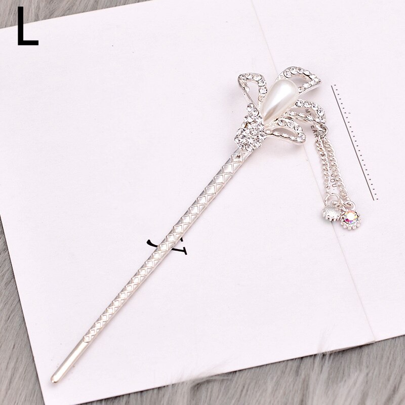 Pałeczki do włosów w stylu chińskim metalowe Rhinestone włosy kij kobiety Tassel kwiat perłowy chluba szpilka akcesoria biżuteria do włosów: L