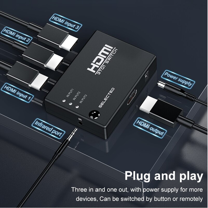 HDMI Switcher, Remote Control Switcher, 3 In 1 Out Switcher HDMI Switcher HD 1.3