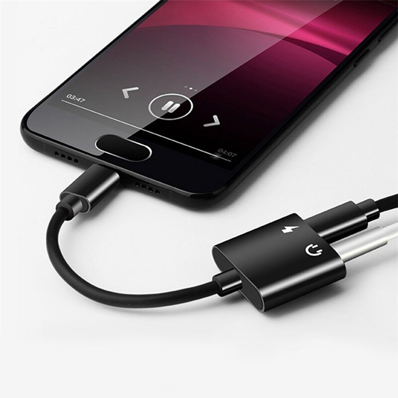 2 in1 type-c  to 3.5mm hoofdtelefoonaansluiting adapter/connector oplader, oortelefoon aux-uitgang & oplaadadapter: Zwart