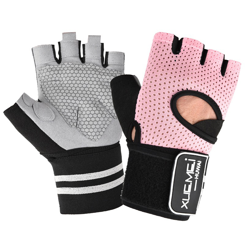 Gants de gymnastique à demi-doigt avec enroulement de poignet, équipement de musculation et de protection des mains pour hommes et femmes: Pink / L