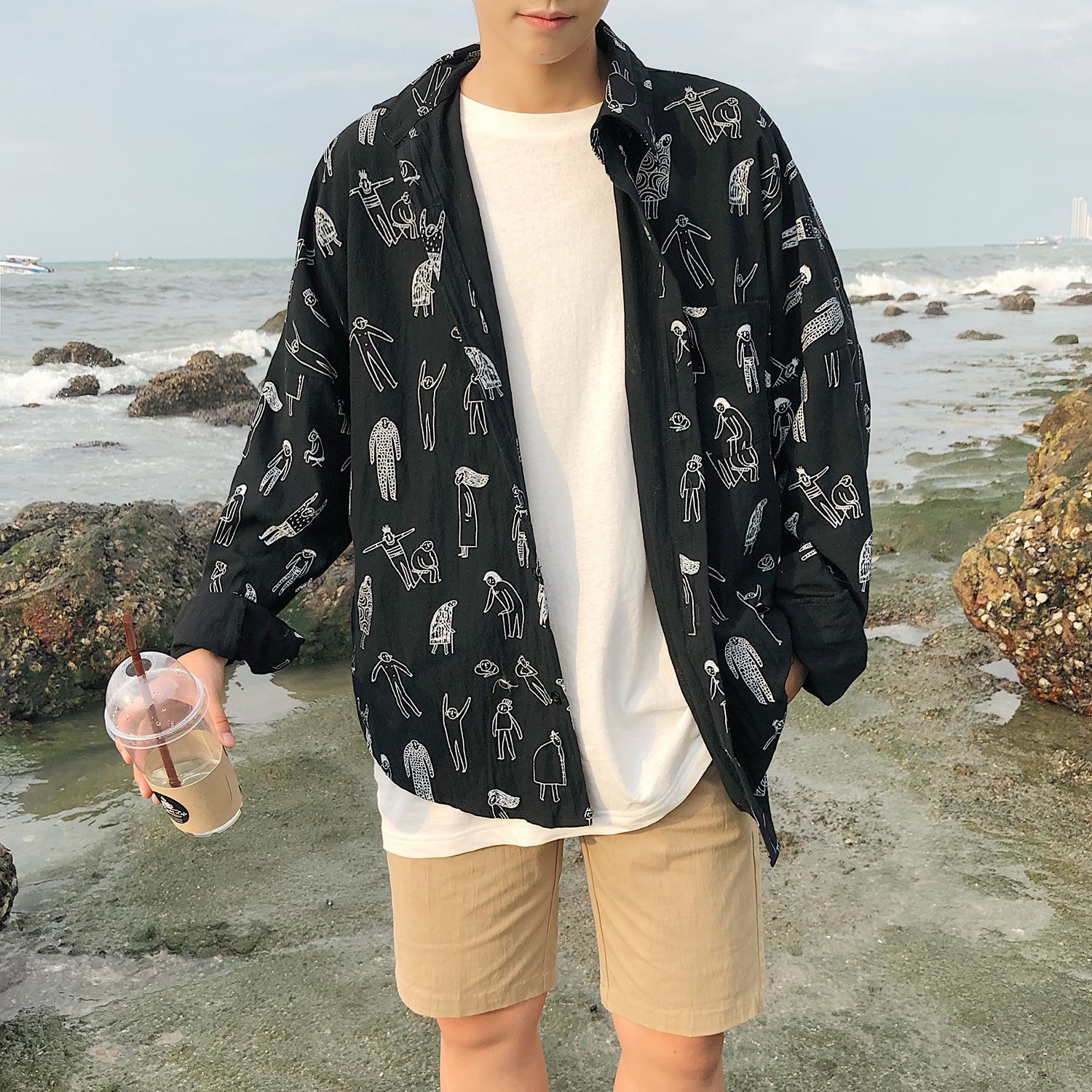 Langermet skjorte herre 5xl høstutskrift klær harajuku plus size herreskjorter tilfeldig hvit ulzzang nyhet koreansk streetwear