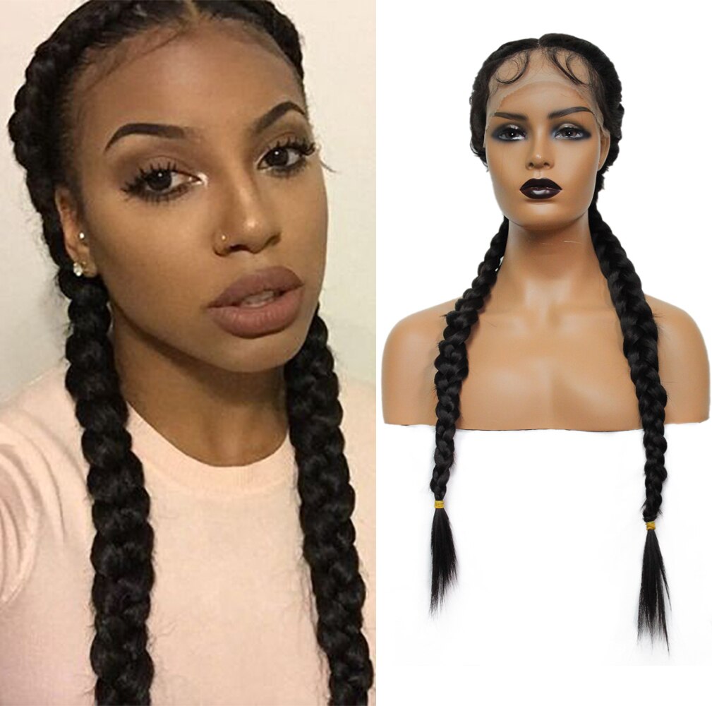 Long Double Braids Synthetic Lace Front Wigs with Baby Hair SOKU Middle PartHeat Resistant Fiber 2 Ponytail Braided Lace Wig: Default Title