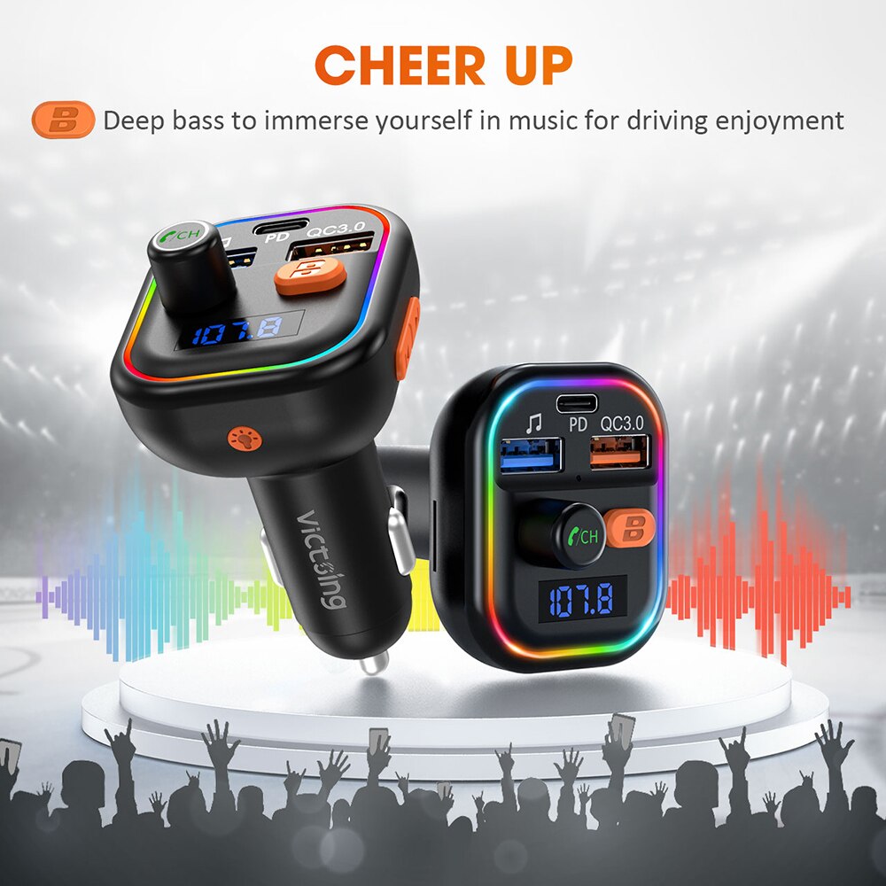VicTsing – transmetteur Bluetooth 5.0 FM BH438, adaptateur sans fil avec PD et QC3.0, double Charge rapide, récepteur Audio rvb pour voiture