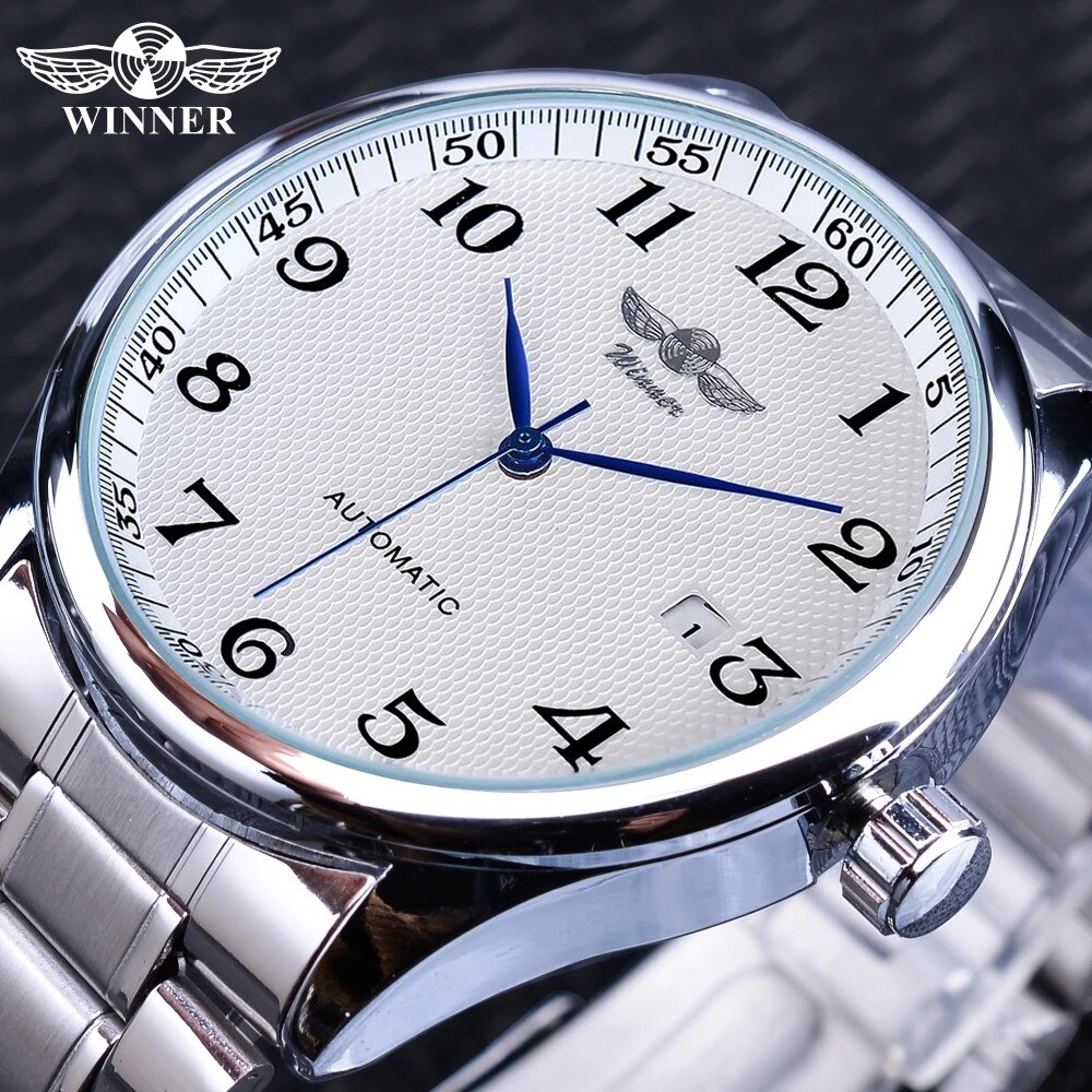 Winnaar Retro Klassiek Kalender Casual Riem Blauwe Handen Herenmode Automatische Mechanische Horloges Topmerk Luxe Relogios: Bruin