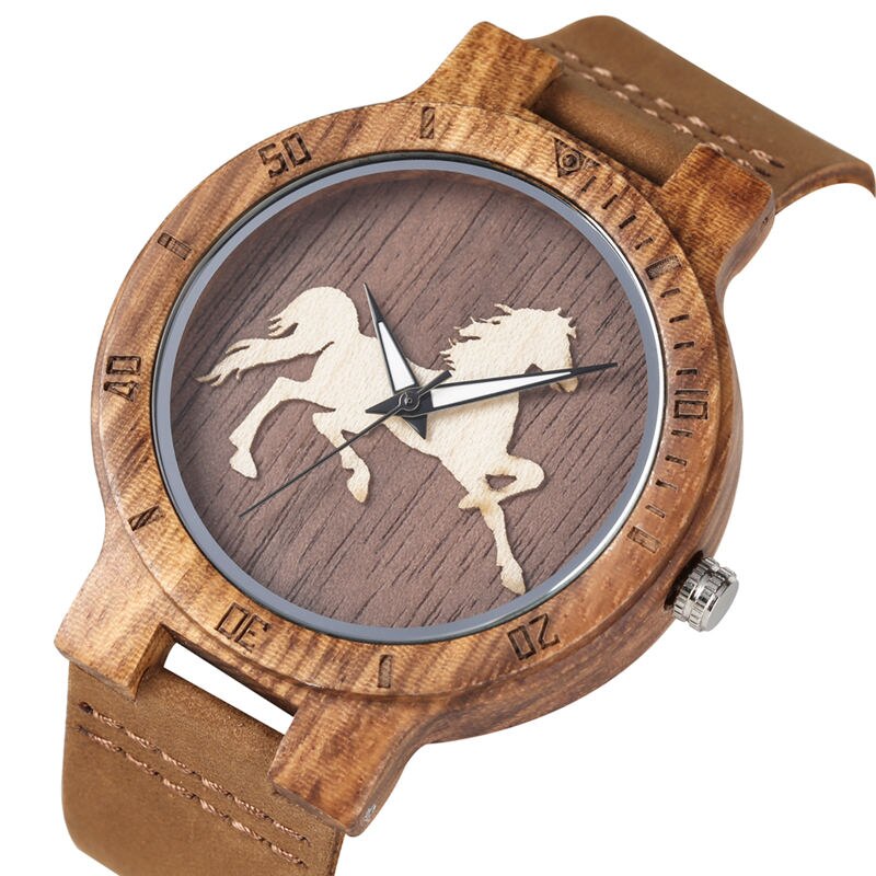 Hout Horloge Quartz Analoge Running Horse Wijzerplaat Driedimensionale Bruin Lederen Band Houten Horloges Erkek Kol Saati Horloge