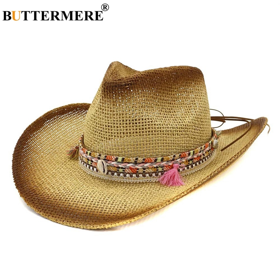 Buttermere strandhat med stor skygge kvinder kaki strå sol cowboyhat dame bælte kvast klassisk kvinde rejse sommer uv cowboy kasketter