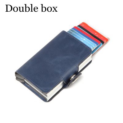 Women Rfid Wallet Metal Case Aluminum Double Box Leather Credit Card Holders for Men Slim Anti Protect Travel ID Cardholder: Double blue