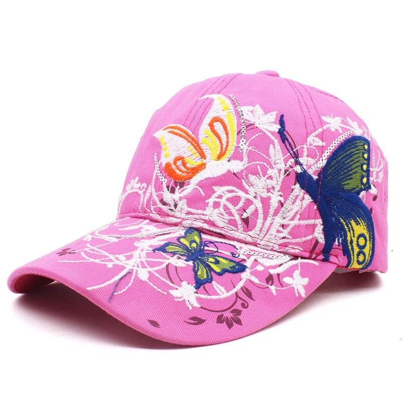 Lovingsha forår og sommer sommerfuglbroderi farverig blomst kvinders solskærmende baseball cap kvinder hip hop hat  b308: Fushia