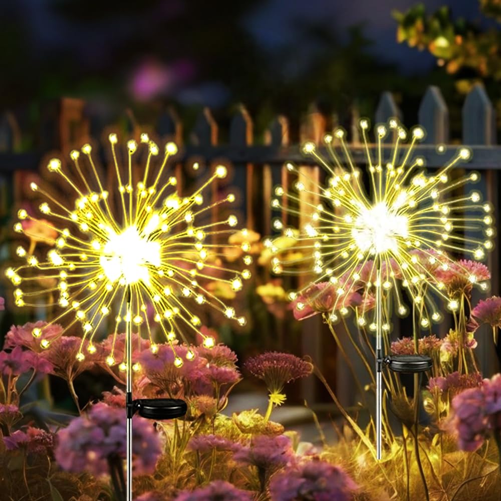 Lampe solaire de feu d'artifice à 200 LED, pour décoration extérieure, paquet de 1 à 4, 8 Modes, lumières féeriques de jardin, lumières Starburst pour paysage: jaune clair / 0-5W