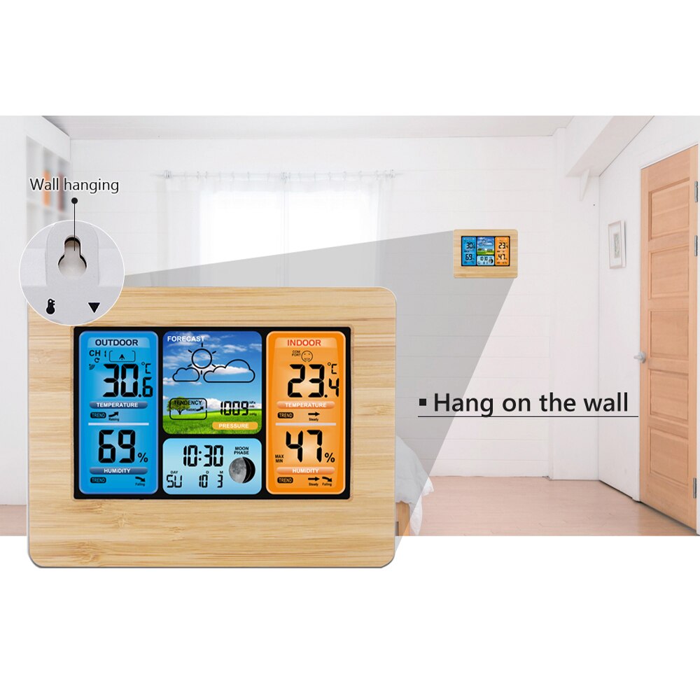 Digitaal kleurenweerstation met waarschuwing en temperatuur/vochtigheid/barometer/alarm/maanfase/weerklok met sensor