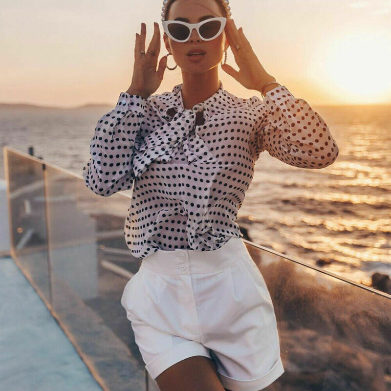 Elegante Vrouwen Stip Blouses Formele Office Lady Bow Tie Lange Mouwen Shirts Mode Puff Mouw Chiffon Blouses Tops
