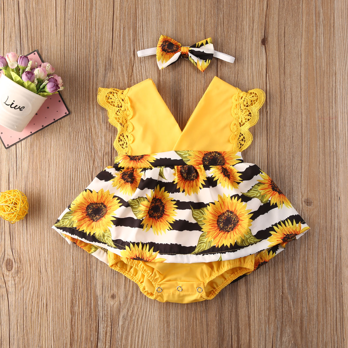 0-24M Pasgeboren Baby Meisjes Romper Jurk Zonnebloemen Print Kant Mouw V-hals Jumpsuits Hoofdband 2 Stuks