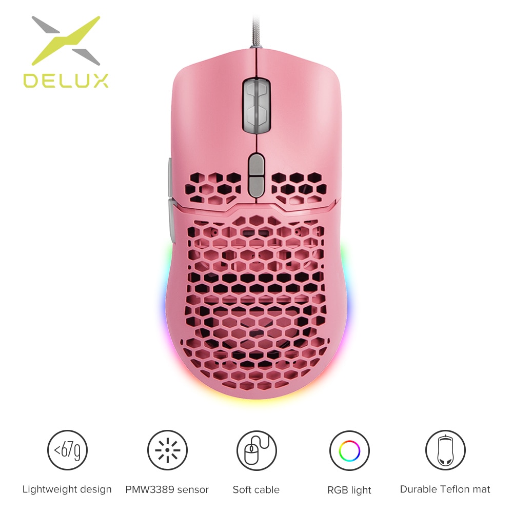 Delux M700 PMW3389 Pink Gaming Mouse 67g Lightweight Honeycomb Shell Ergonomic Mice with Soft Rope Cable For Computer Gamer
