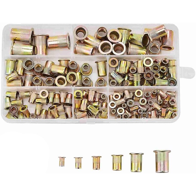 Juego de tuercas de remache de acero al carbono, Kit surtido de tuercas de inserción roscada de cabeza plana en M3 M4 M5 M6 M8 M10, 6 tamaños, 160 Uds.: Default Title