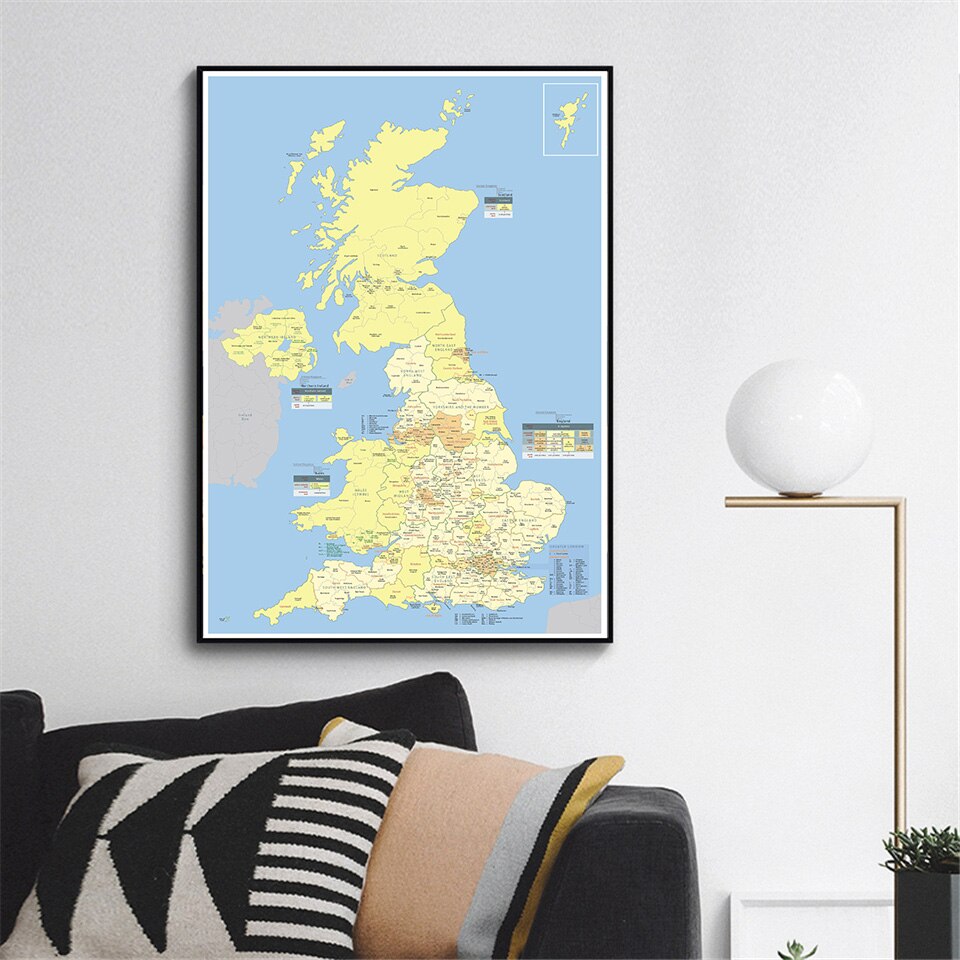 59*84cm The UK Detailed Regions Map Wall Art Poster Canvas Painting Living Room Home Decoration Travel School Supplies