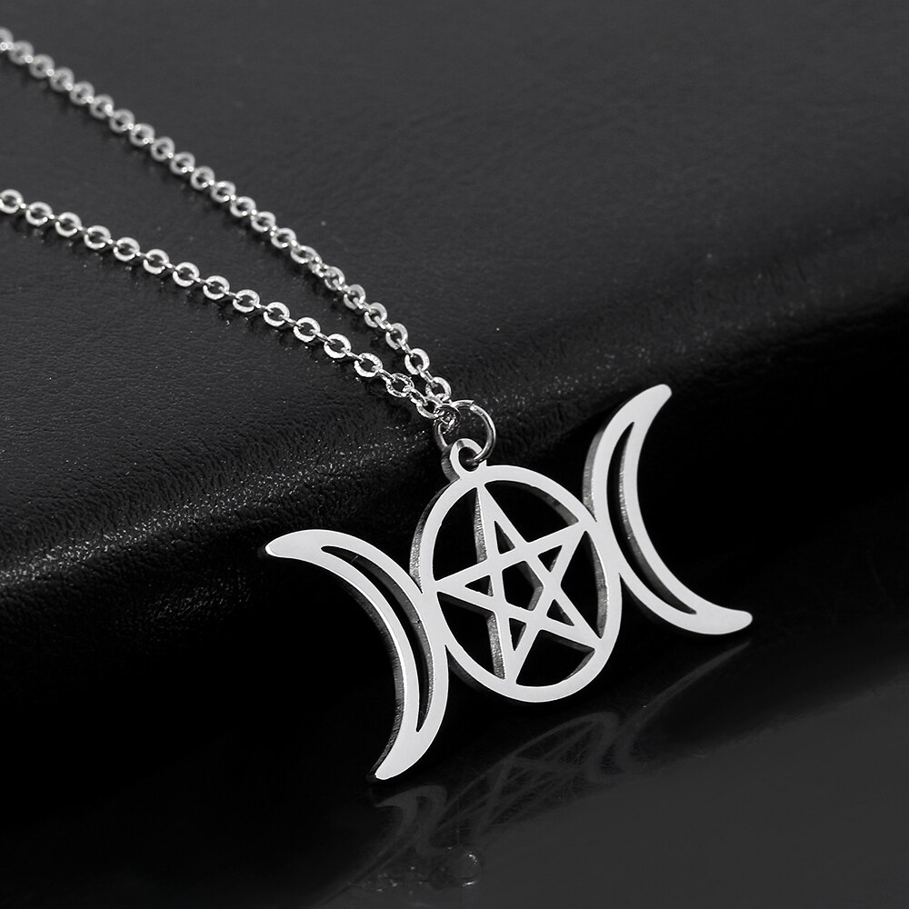 Edelstahl Göttin Halskette für Frauen Männer Pentagramm Mond Wicca Schmuck Magie Anhänger Pentagramm Hexe Schmuckstück