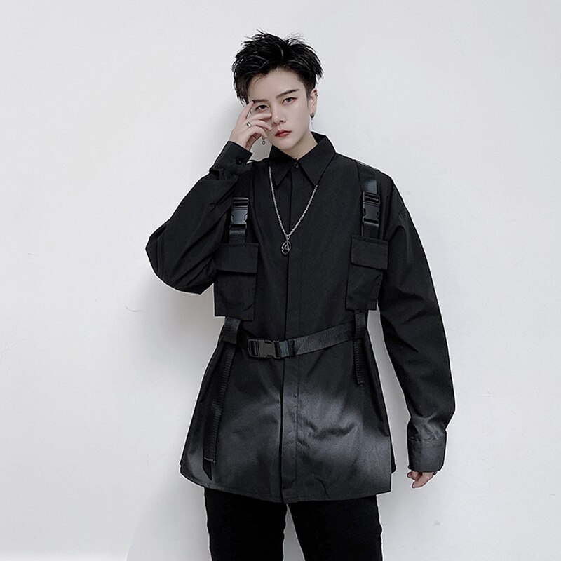 Mężczyźni czarny biały Techwear punk pasek na ramię koszula z długim rękawem człowiek Harajuku klasyczny wstążka w pasie koszule koszulka Homme