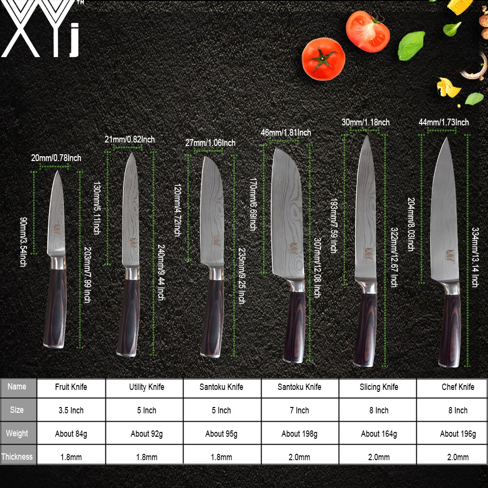 Xyj 6 stk rustfritt stål kjøkkenkniv høy karbon skarpt blad bøy håndtak kokk skjæringe santoku nytte skjærekniver