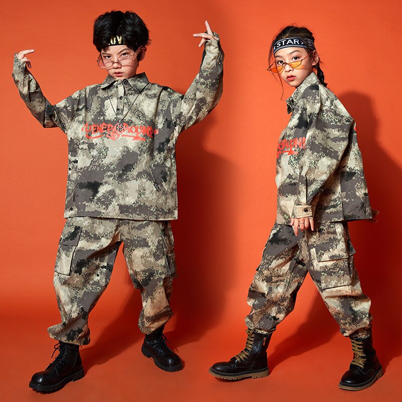 Ropa de de Hip Hop para niños, camisa de gran tamaño, parte de arriba, ropa informal de camuflaje, pantalones de camuflaje tácticos para niñas, traje de baile de Jazz