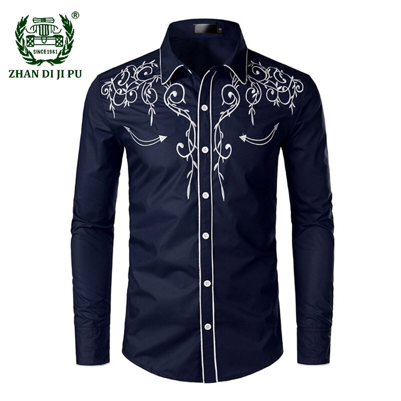 Western Cowboy Borduren Shirts Mannen Casual Lange Mouwen Slim Fit Shirt Mannelijke Bruiloft Sociale Mannen Club Prom Chemise homme