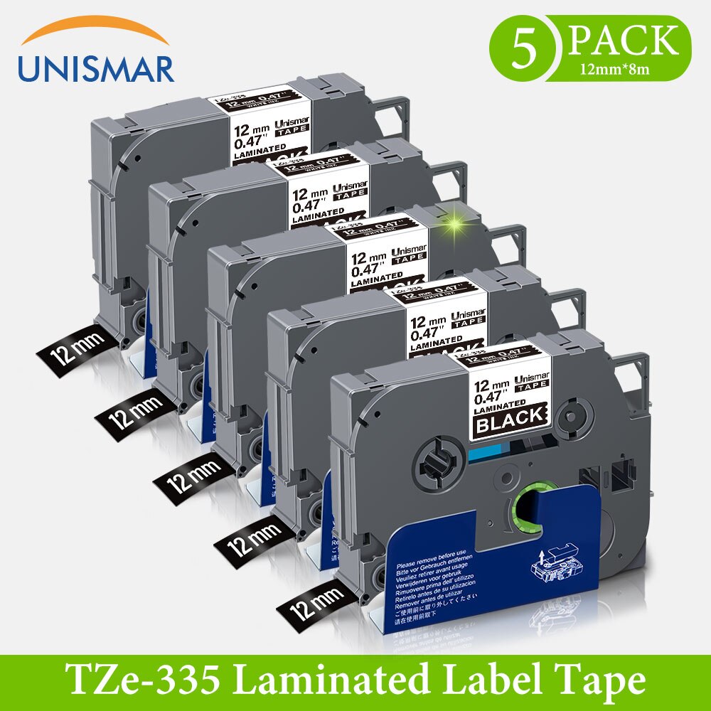 Unismar 6PCS for TZe131 TZe-231 TZe-431 TZe-531 TZe-631 TZe-731 Laminated Labeling Tape for Brother P-Touch PTD210 PTH100 PTD600: 5PK White on Black