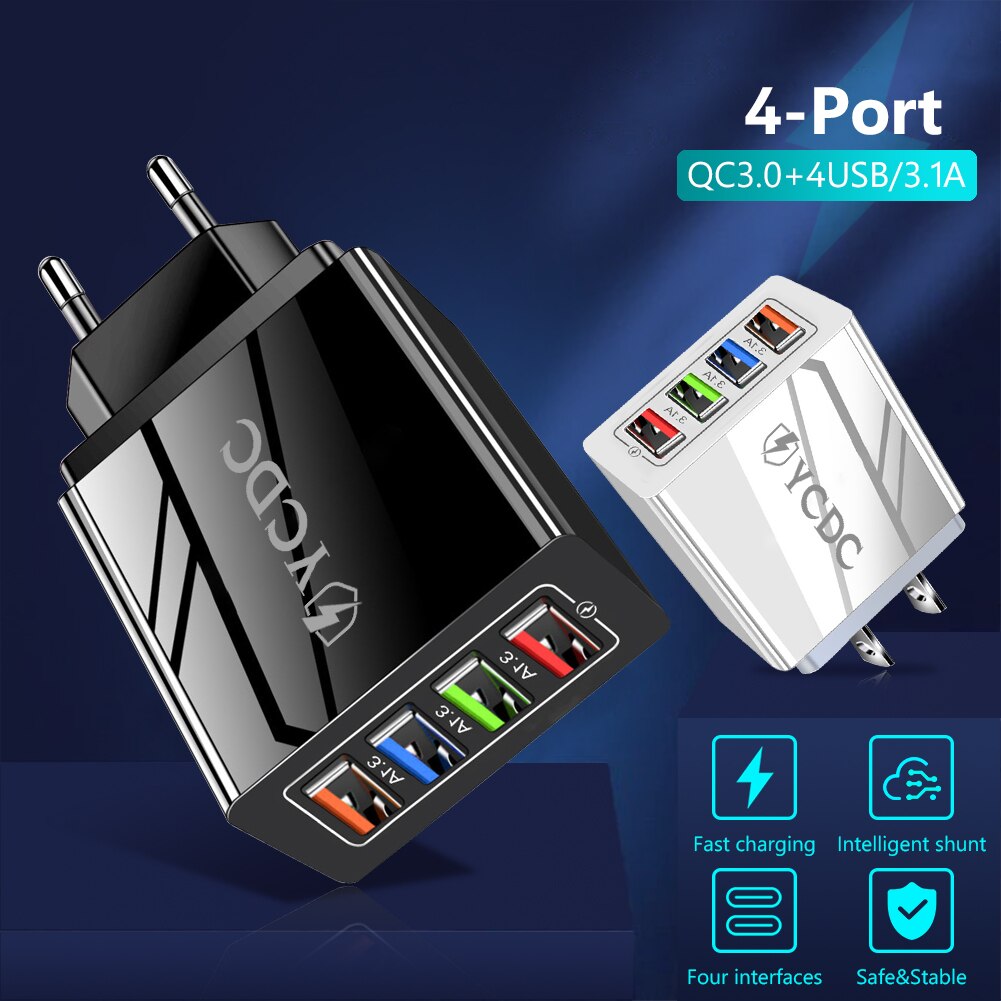 1/4 4 Ports Adapter QC 3.0 Quick Charge 3.0 USB Charger EU/US Plug Wall Mobile Phone Fast Charger Home Travel Wall Charger