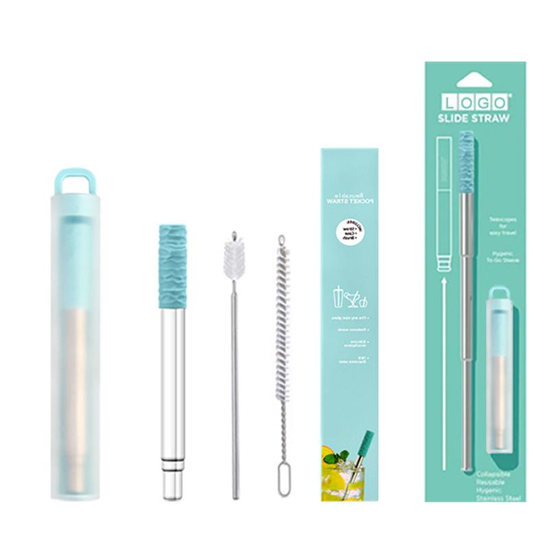 Reusable Stainless Steel Straws With Aluminum Keychain Case Cleaning Brush Collapsible Telescopic Portable Drinking Straws