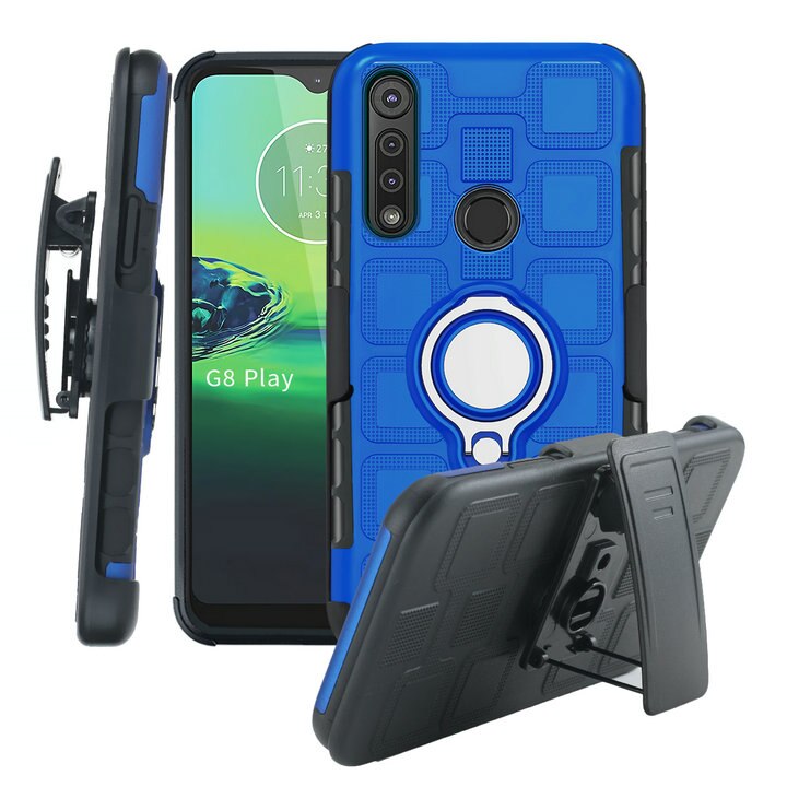 Clip da cintura Holster Capa per Motorola Moto G8 Più Cassa di Lusso del Metallo Anello di Supporto per Moto G8 Caso Gioco G8 + G 8 Più Antiurto: For Moto G8 Play / Blue Silver ring