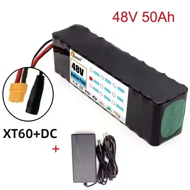 48v 50ah 1000w 13 s 3p litiumioniakkupaketti, sopii vapaaseen kuljetukseen  of 54.6v 50000 mah bms +52.6v 2a -laturilla: Punainen
