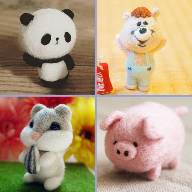 Cute Animal Pig Panda Wool Felt Needle Poked Knitting DIY Wool Felting Package Handmade Keychain Sewing Art Craft Decor