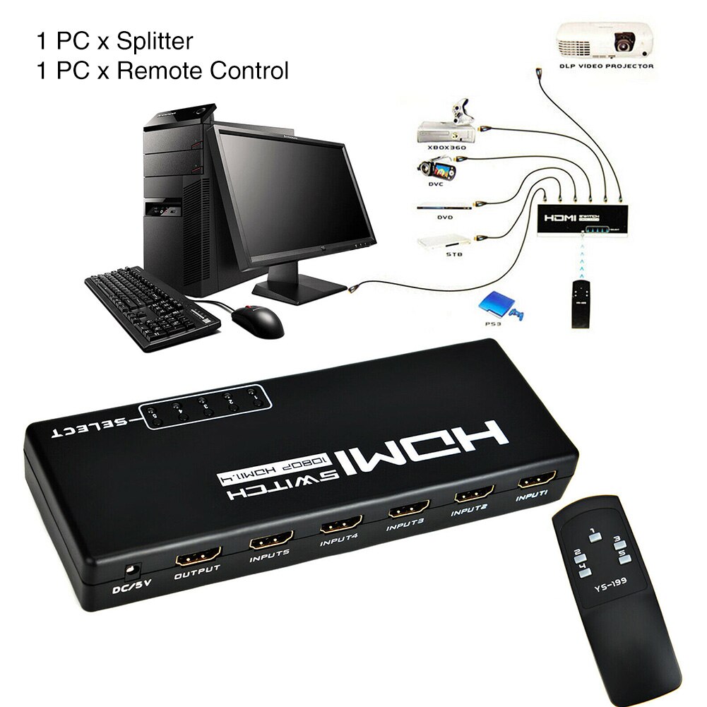 DVD Mini Connector Accessories Solid Adapter Splitter With Remote Control ABS 1080P 5 Input 1 Output HDMI For HD TV