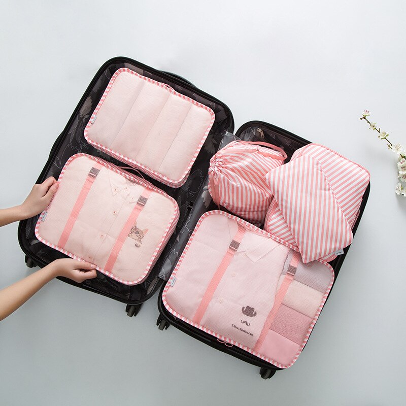 RUPUTIN 6PCS/Set Waterproof Luggage Travel Organizer Bag Big For Men Women Multifunction Underwear Finishing Travel Accessories: Pink stripe