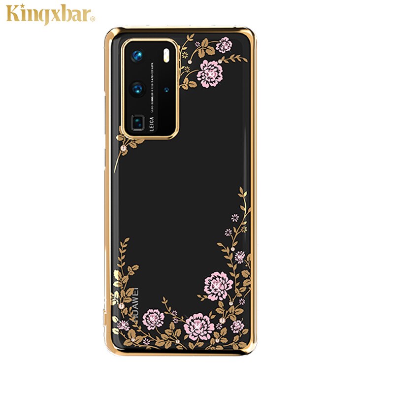Original kingxbar cristais de luxo caso strass para huawei p40/pro moda fino banhado a flor duro claro pc capa traseira caso: For P40 / Flower Gold
