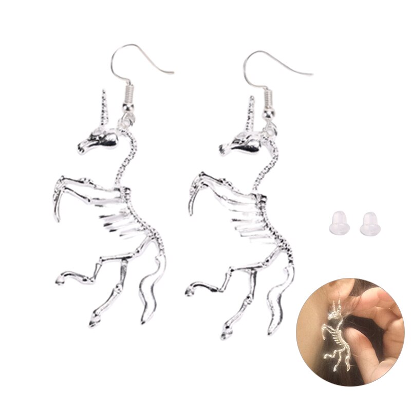 2 Pair Women Exaggerated Unicorn Skeleton Earrings Original Trendy Unicorn Animal Bone Dangle Earrings