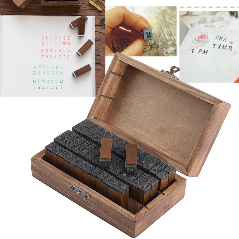70 pièces Vintage bricolage numéro et Alphabet lettre bois caoutchouc timbres ensemble avec boîte en bois pour l'enseignement du jeu des fournitures scolaires