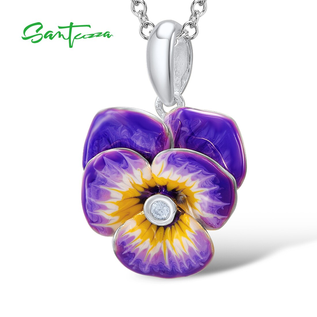 SANTUZZA Pure 925 Sterling Silver Pendant For Women Delicate Purple Flower Trendy Fine Jewelry Handmade Enamel